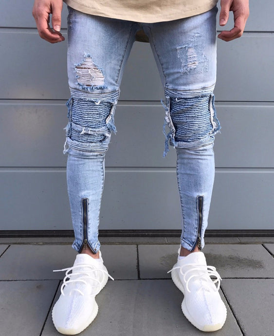 Ripped Slim Fit Motorcycle Vintage Denim Jeans